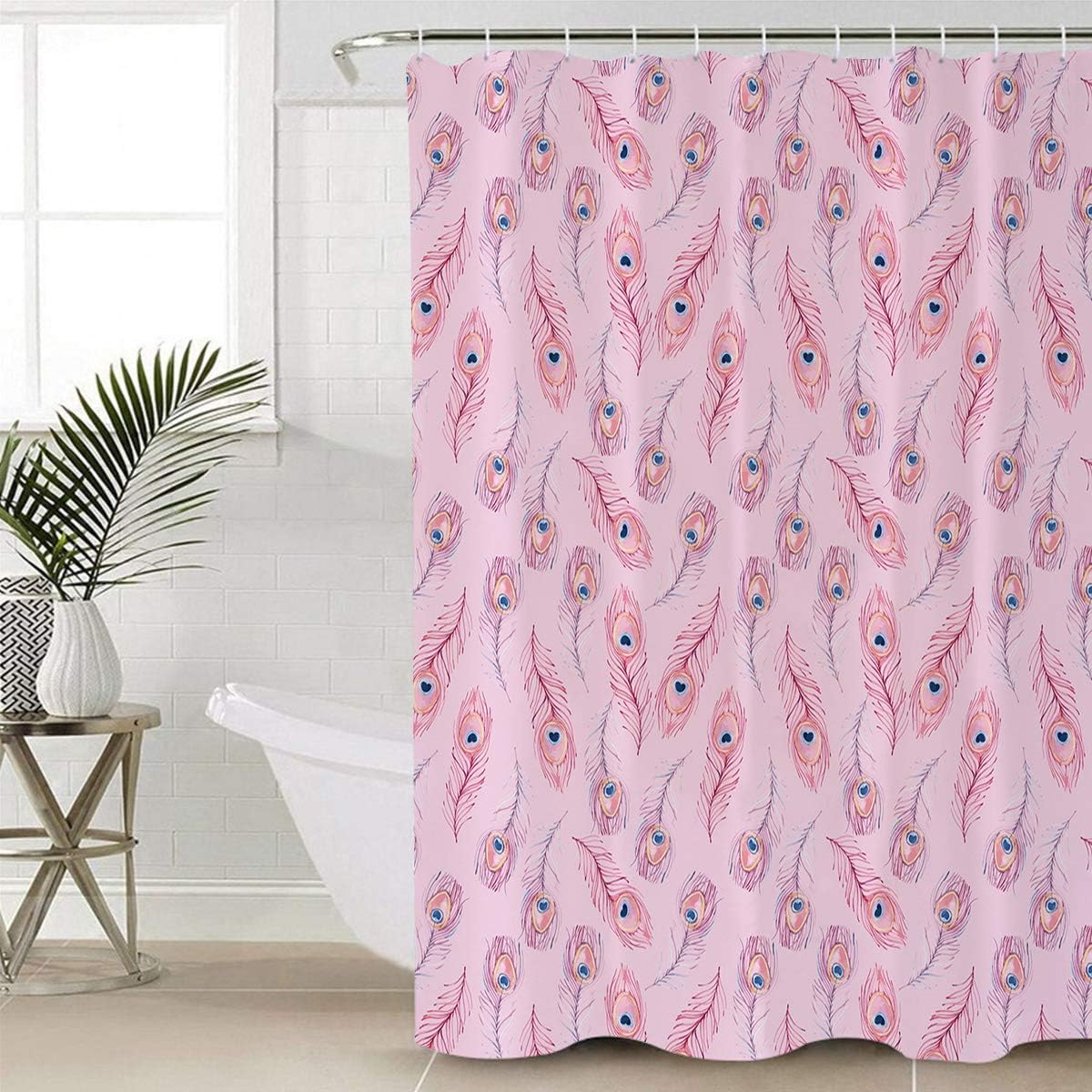 Vintage Pink Peacock Feather Fabric Shower Curtain