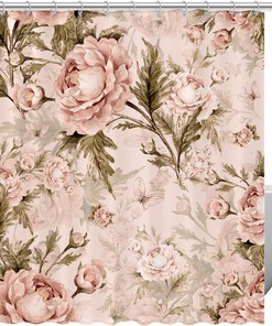 Vintage Pink Rose Flower Print Fabric Shower Curtain for Romantic Bathroom Decor