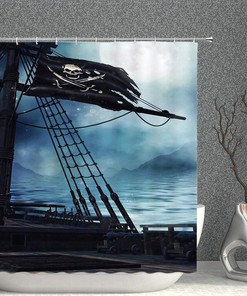 Vintage Pirate Shower Curtain - Ship and Ocean Scenery with Black Flag Design