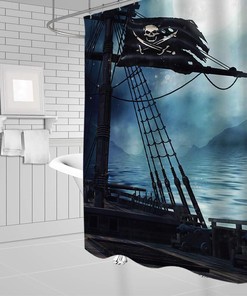Vintage Pirate Shower Curtain - Ship and Ocean Scenery with Black Flag Design