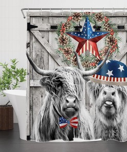 Vintage Plank Patriotic Highland Cow Shower Curtain, Red Blue Stars Floral For Bathroom Decor - Ecotob
