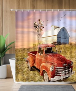 Vintage Red Car and Windmill Farmhouse Shower Curtain with Unique Design