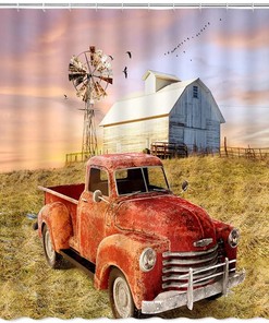 Vintage Red Car and Windmill Farmhouse Shower Curtain with Unique Design