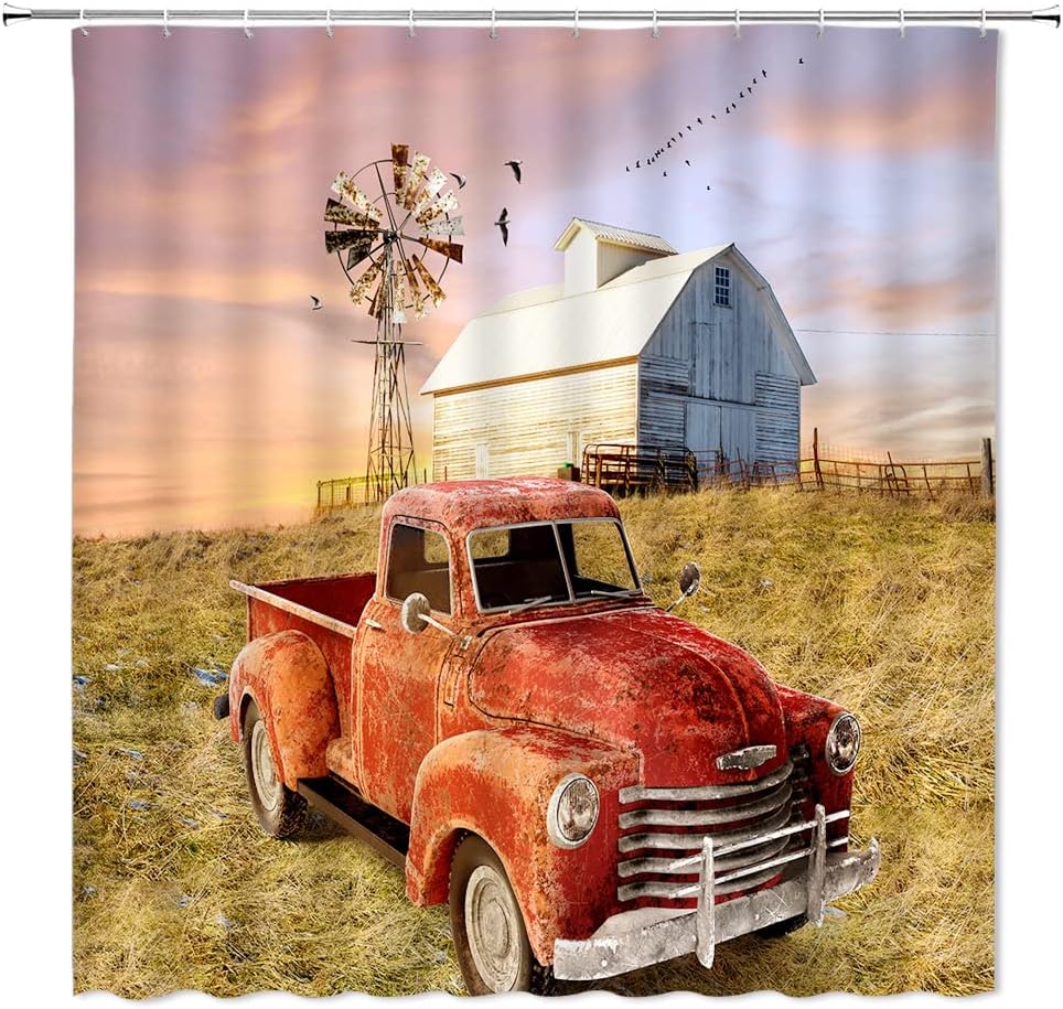 Vintage Red Car and Windmill Farmhouse Shower Curtain with Unique Design