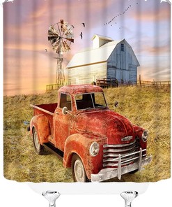 Vintage Red Car and Windmill Farmhouse Shower Curtain with Unique Design