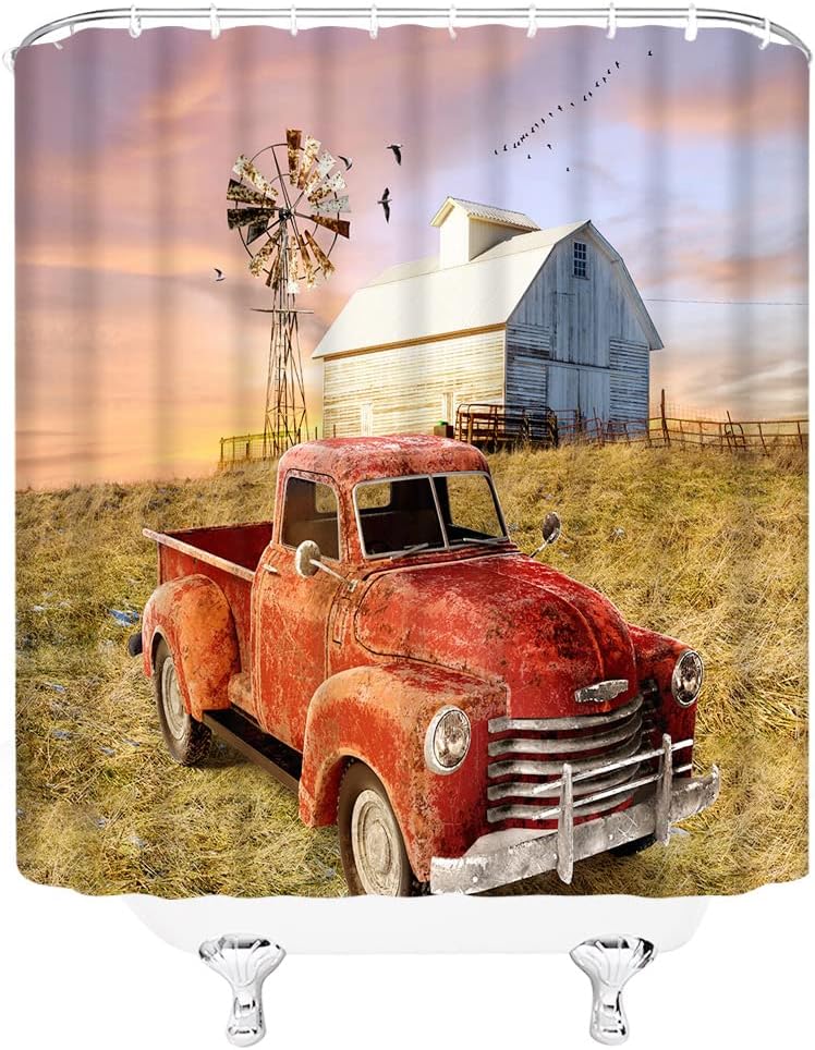 Vintage Red Car and Windmill Farmhouse Shower Curtain with Unique Design