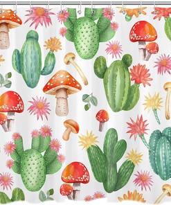 Vintage Red Mushroom Cactus Shower Curtain with Tropical Succulent Plants and Flowers