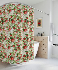 Vintage Red Rose Print Shower Curtain, Botanical Bathroom Decor with Geometric Design