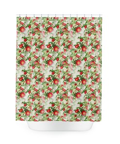 Vintage Red Rose Print Shower Curtain, Botanical Bathroom Decor with Geometric Design