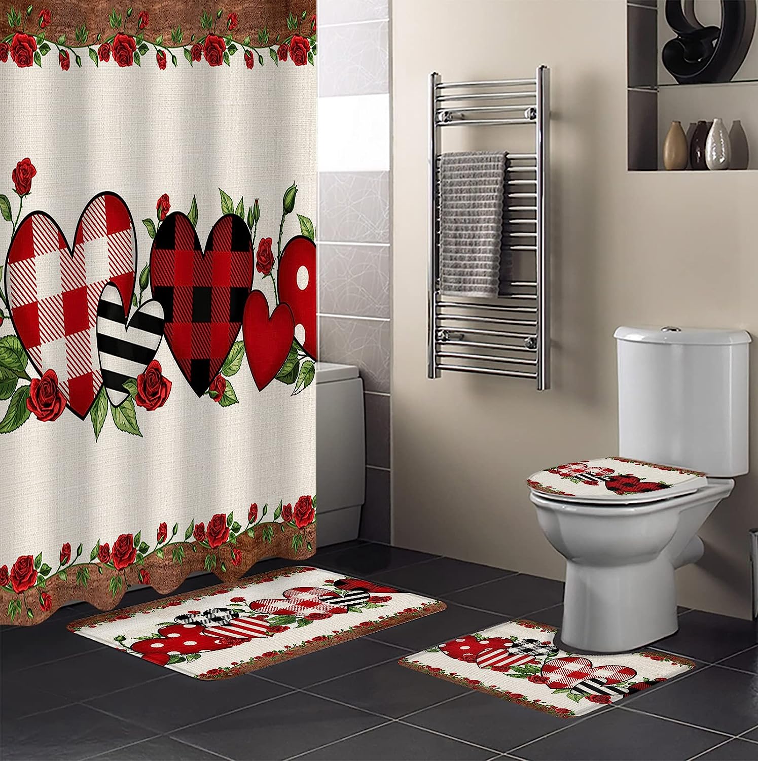 Vintage Red Roses Love Heart Wooden Bathroom Shower Curtain