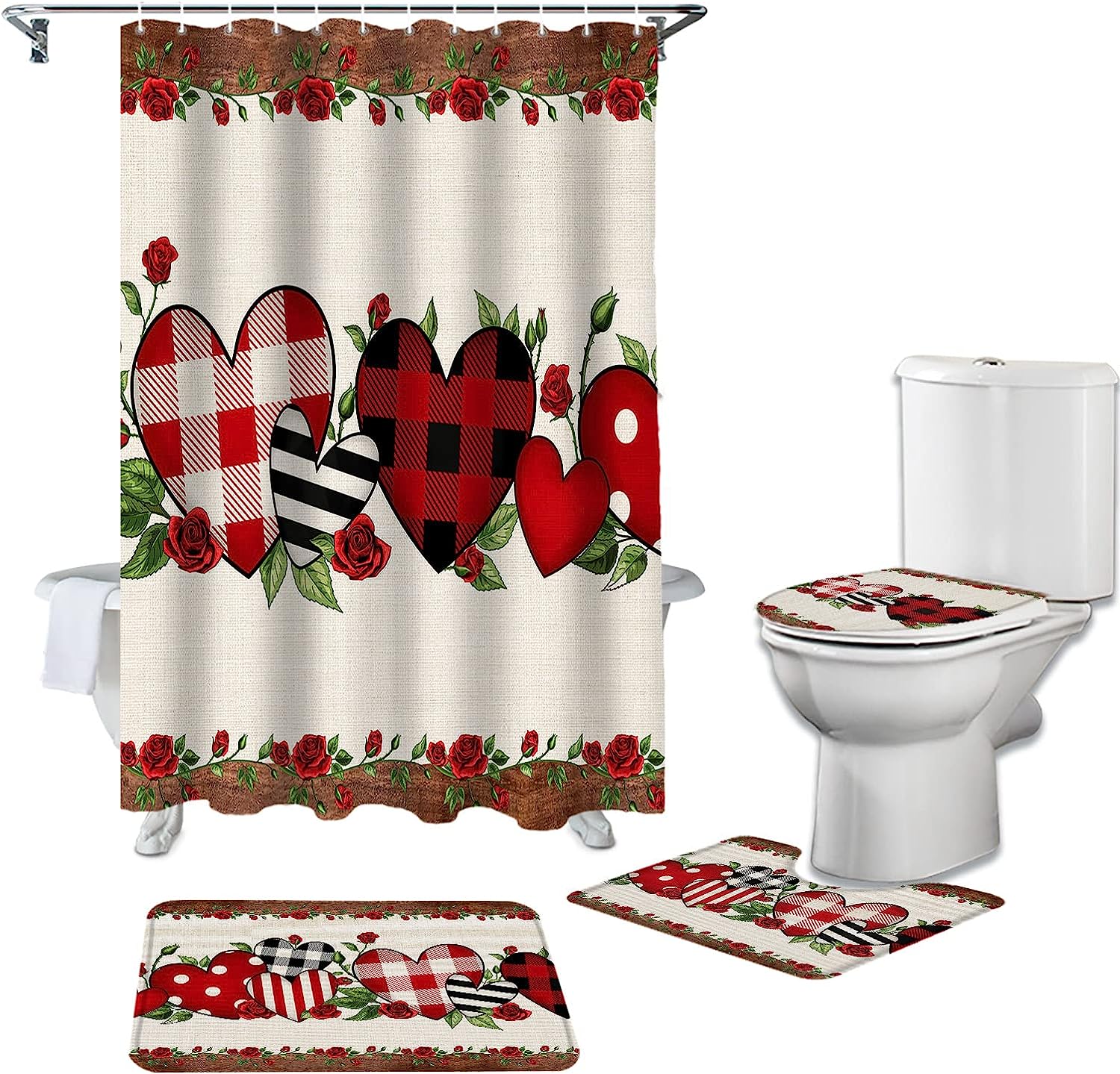 Vintage Red Roses Love Heart Wooden Bathroom Shower Curtain