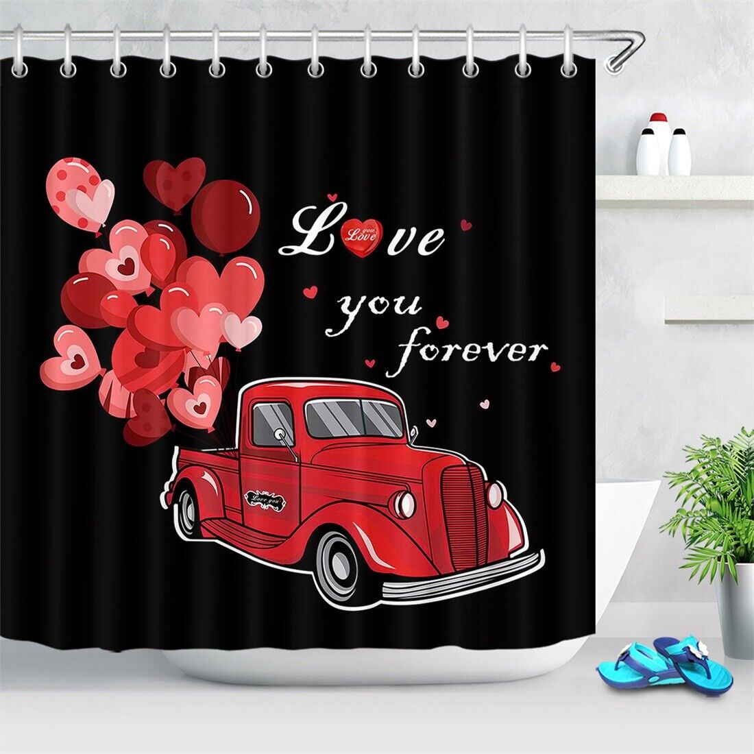 Vintage Red Shower Balloons and Truck Shower Curtain for a Nostalgic Touch