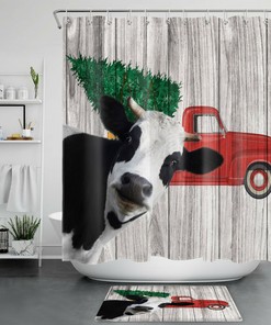 Vintage Red Truck Farmhouse Cow Shower Curtain - Rustic Bathroom Decor