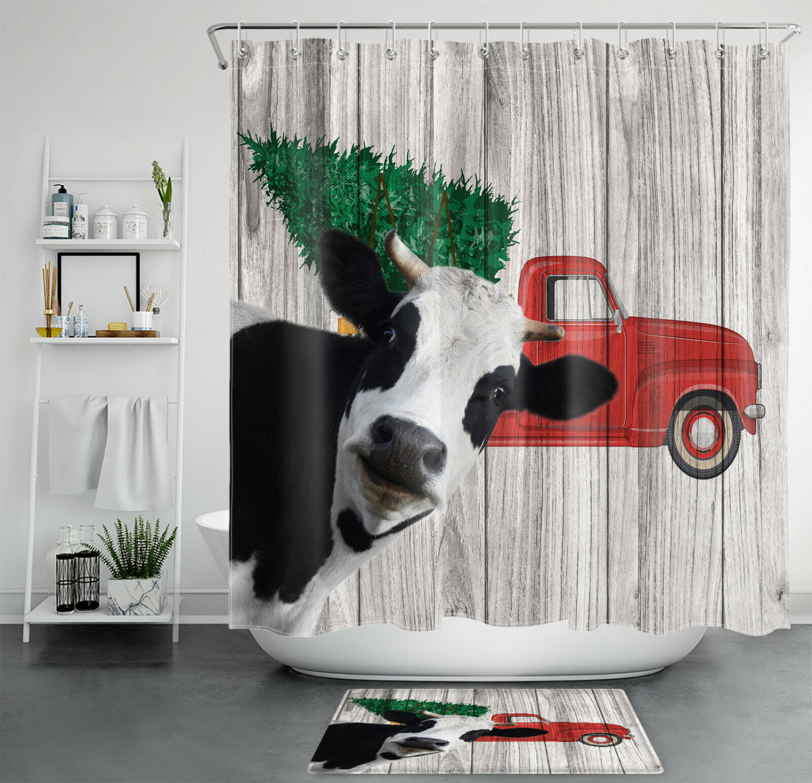 Vintage Red Truck Farmhouse Cow Shower Curtain - Rustic Bathroom Decor