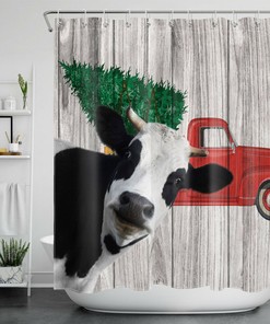 Vintage Red Truck Farmhouse Cow Shower Curtain - Rustic Bathroom Decor