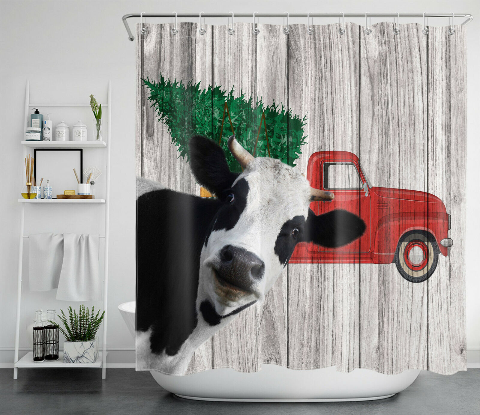 Vintage Red Truck Farmhouse Cow Shower Curtain - Rustic Bathroom Decor