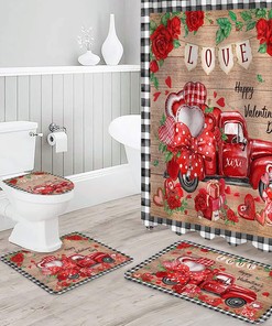 Vintage Red Truck Roses Love Heart Black Plaid Bathroom Shower Curtain