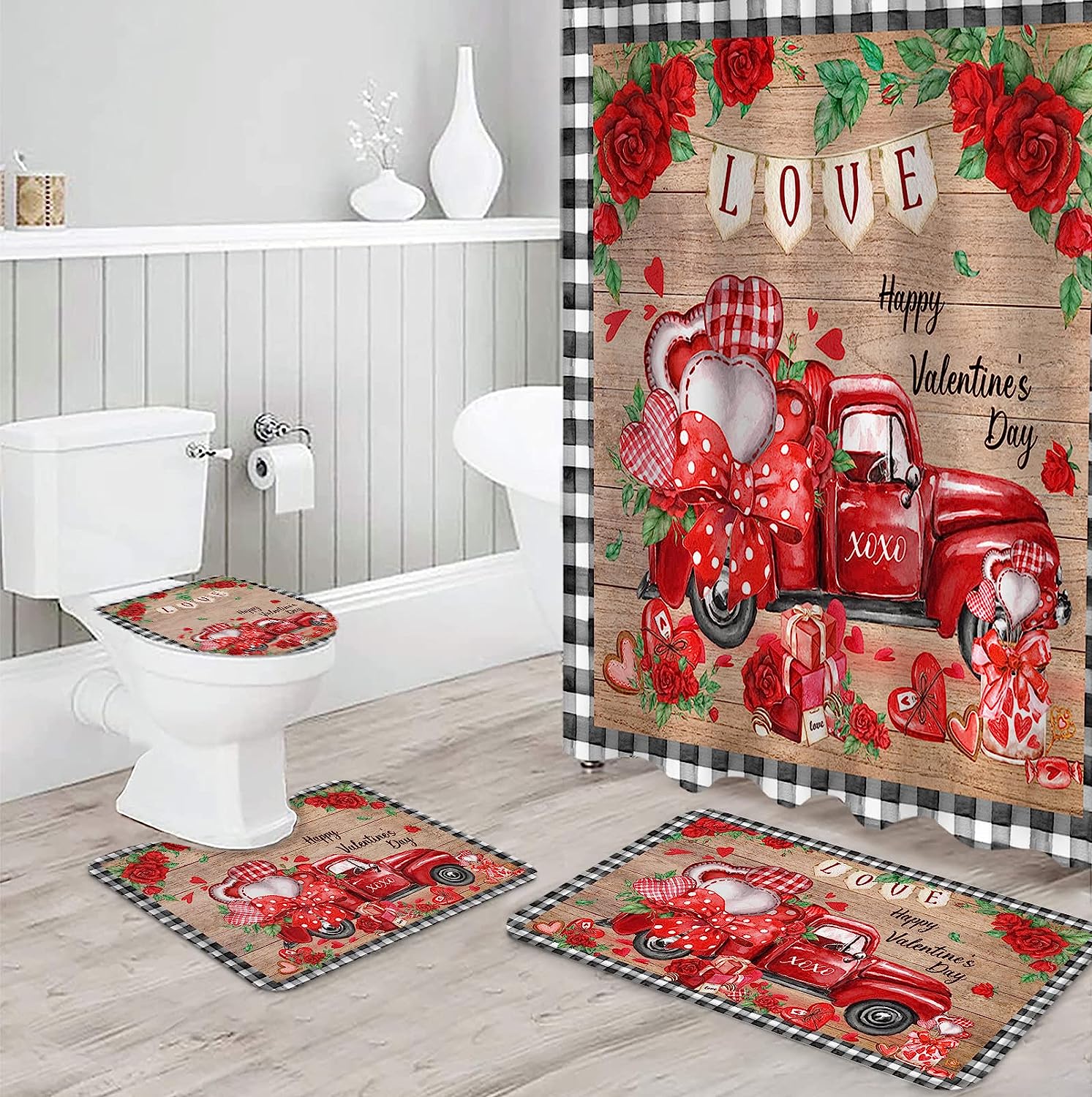 Vintage Red Truck Roses Love Heart Black Plaid Bathroom Shower Curtain
