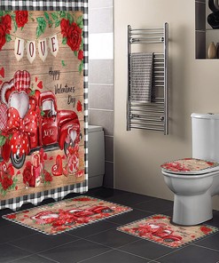 Vintage Red Truck Roses Love Heart Black Plaid Bathroom Shower Curtain