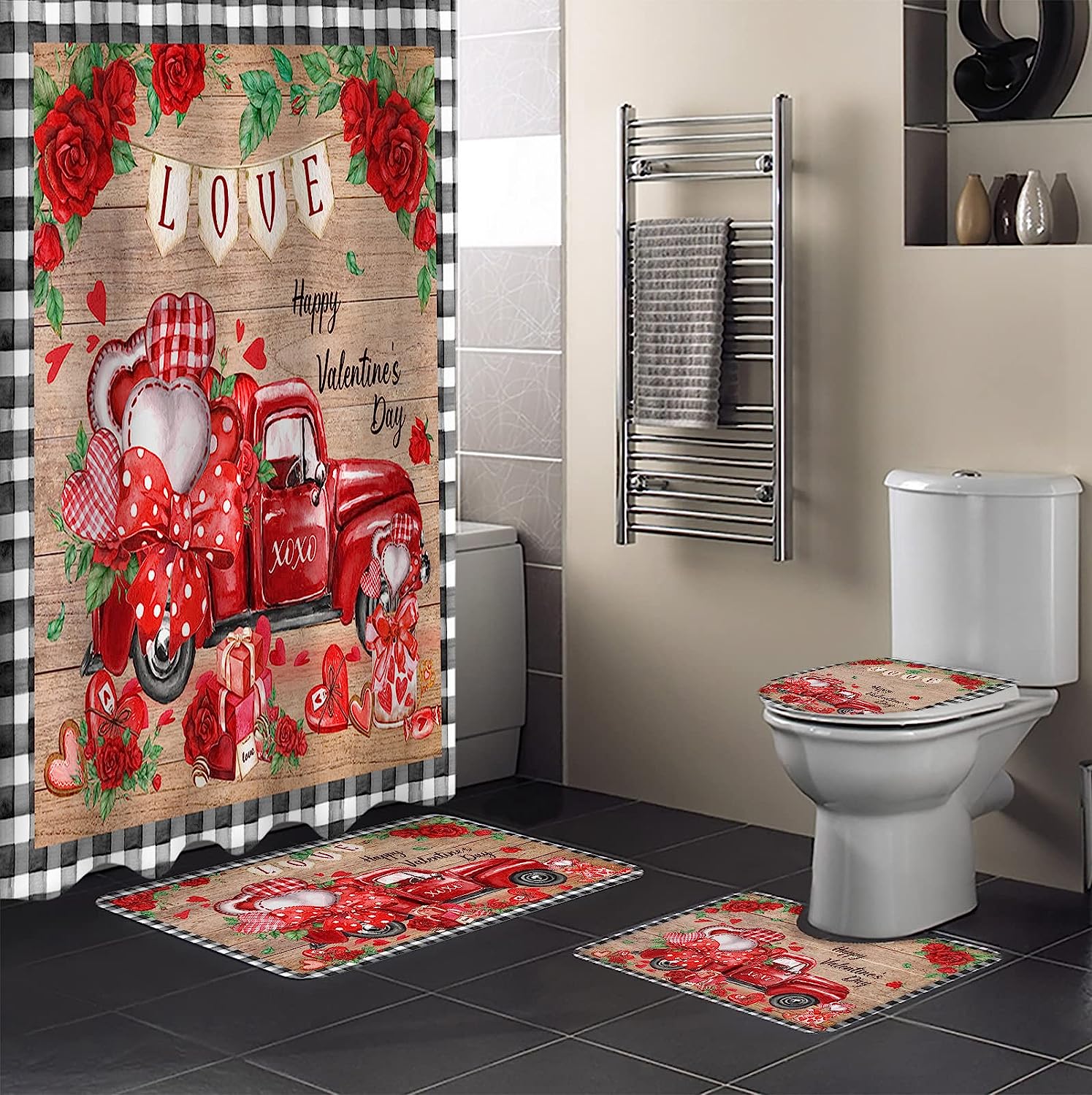 Vintage Red Truck Roses Love Heart Black Plaid Bathroom Shower Curtain