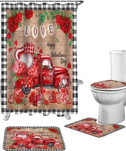 Vintage Red Truck Roses Love Heart Black Plaid Bathroom Shower Curtain