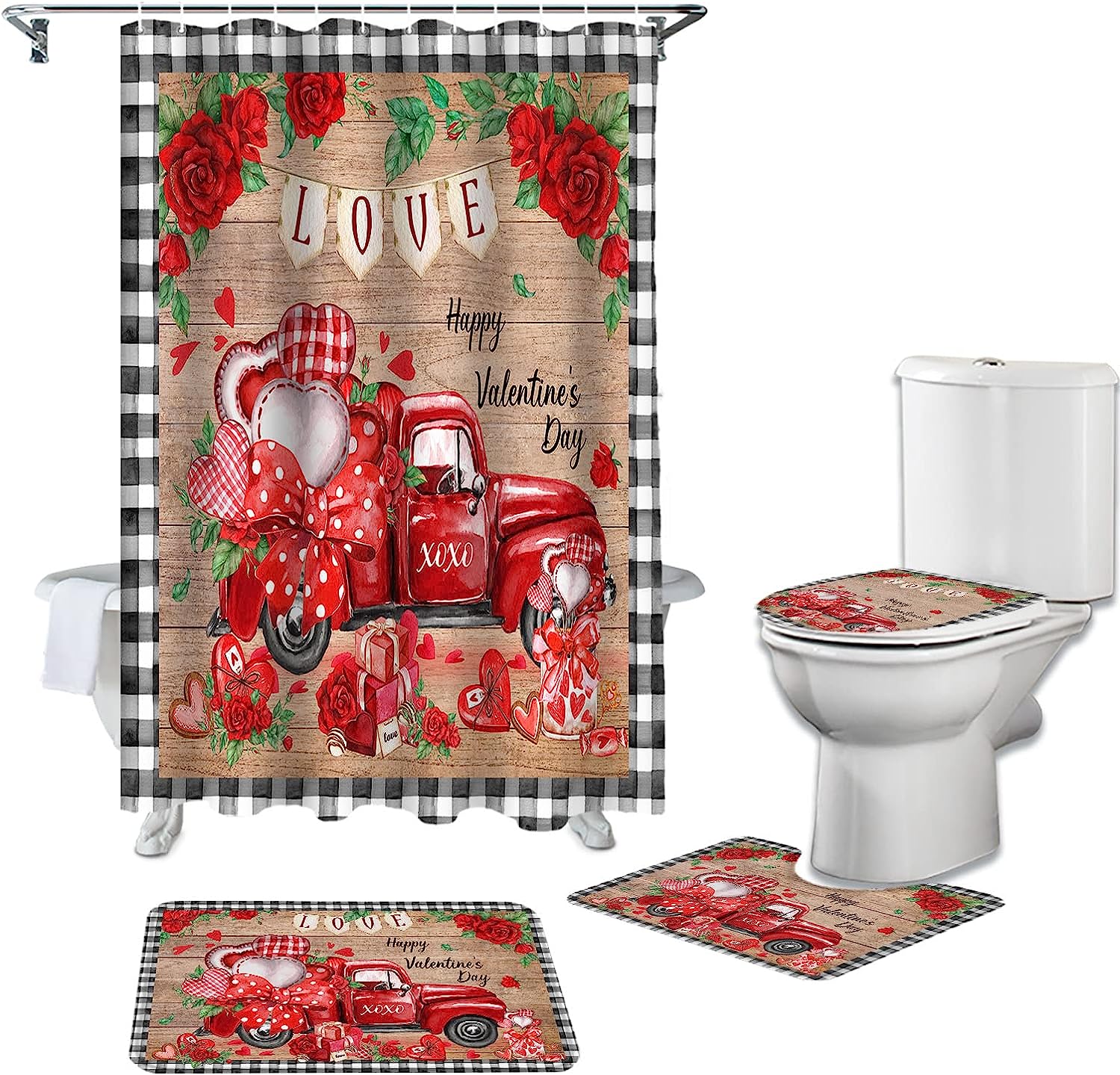 Vintage Red Truck Roses Love Heart Black Plaid Bathroom Shower Curtain