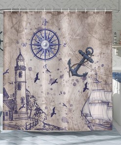 Vintage Retro Nautical Shower Curtain With Sailboat Compass Anchor Lighthouse Seagull Map For Bathtub Decor