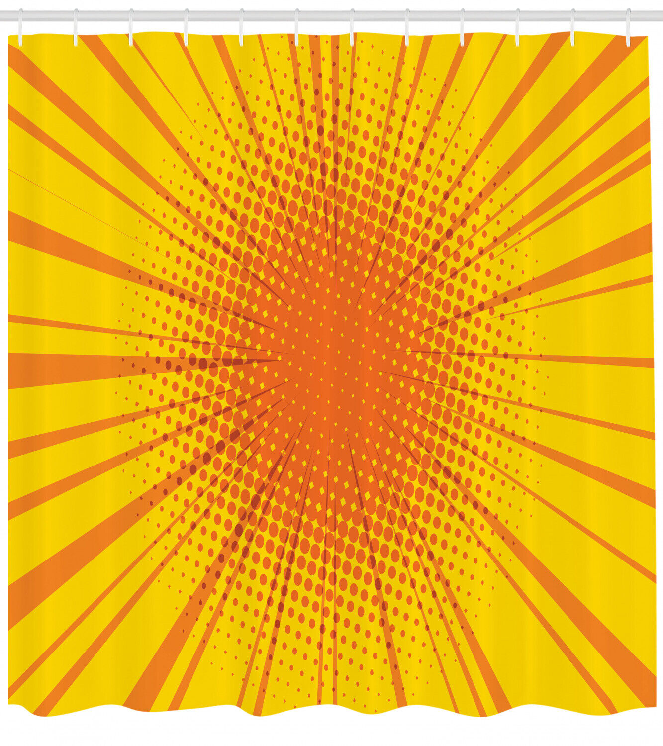 Vintage Retro Sun Burst Print Yellow Shower Curtain, Retro Bathroom Decor with Mid-Century Modern Vibes
