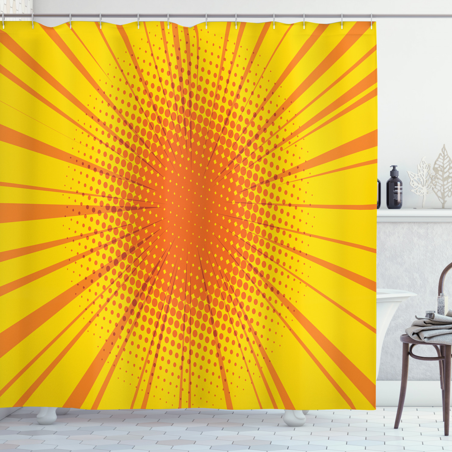 Vintage Retro Sun Burst Print Yellow Shower Curtain, Retro Bathroom Decor with Mid-Century Modern Vibes