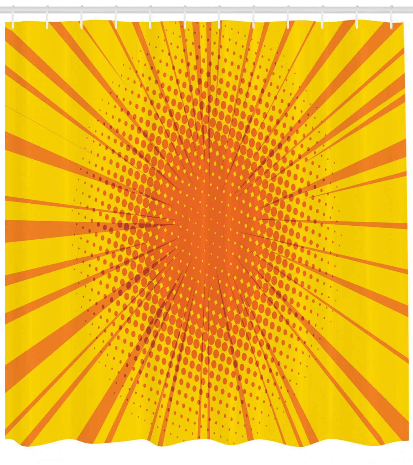 Vintage Retro Sun Burst Print Yellow Shower Curtain, Retro Bathroom Decor with Mid-Century Modern Vibes