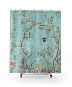 Vintage Romantic Cherry Blossom Landscape Chinoiserie Shower Curtain