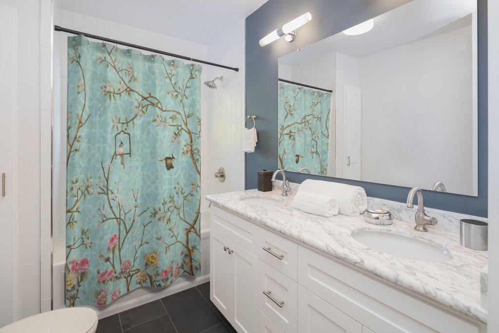 Vintage Romantic Cherry Blossom Landscape Chinoiserie Shower Curtain - Image 2