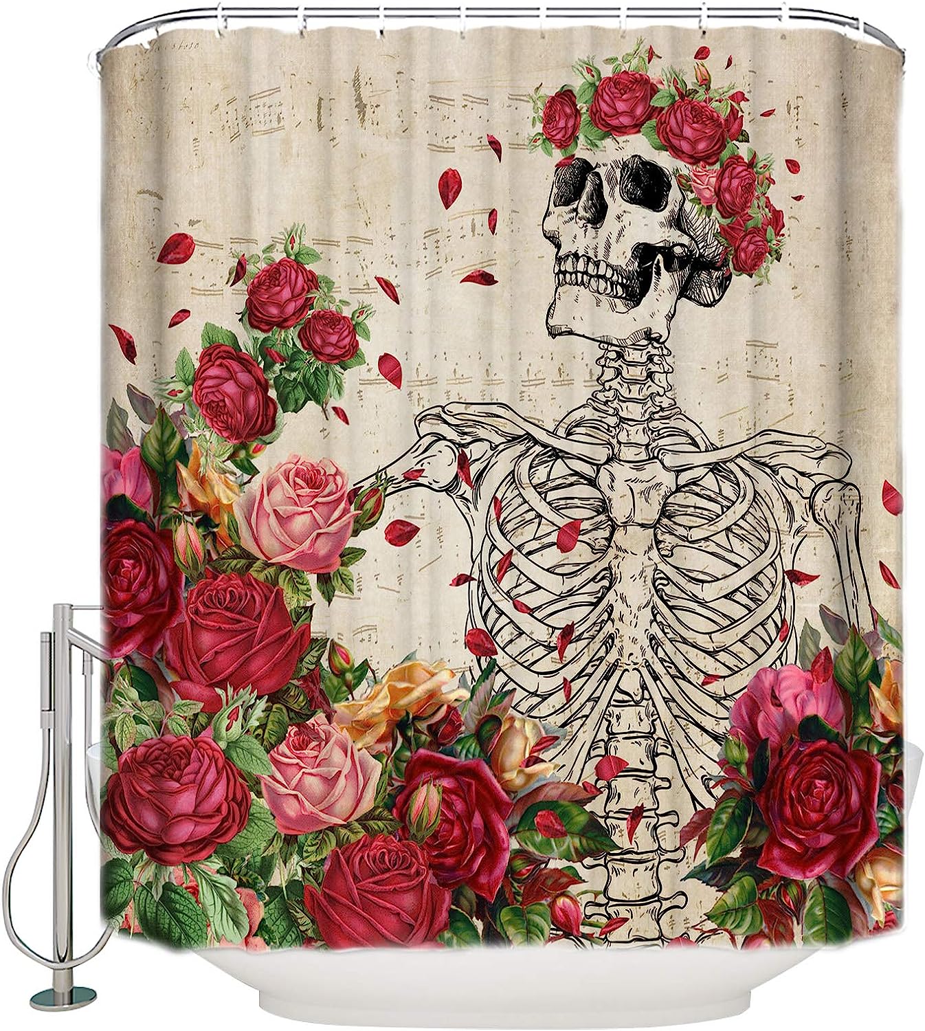 Vintage Rose Skull Hand-Painted Sheet Music Waterproof Shower Curtain