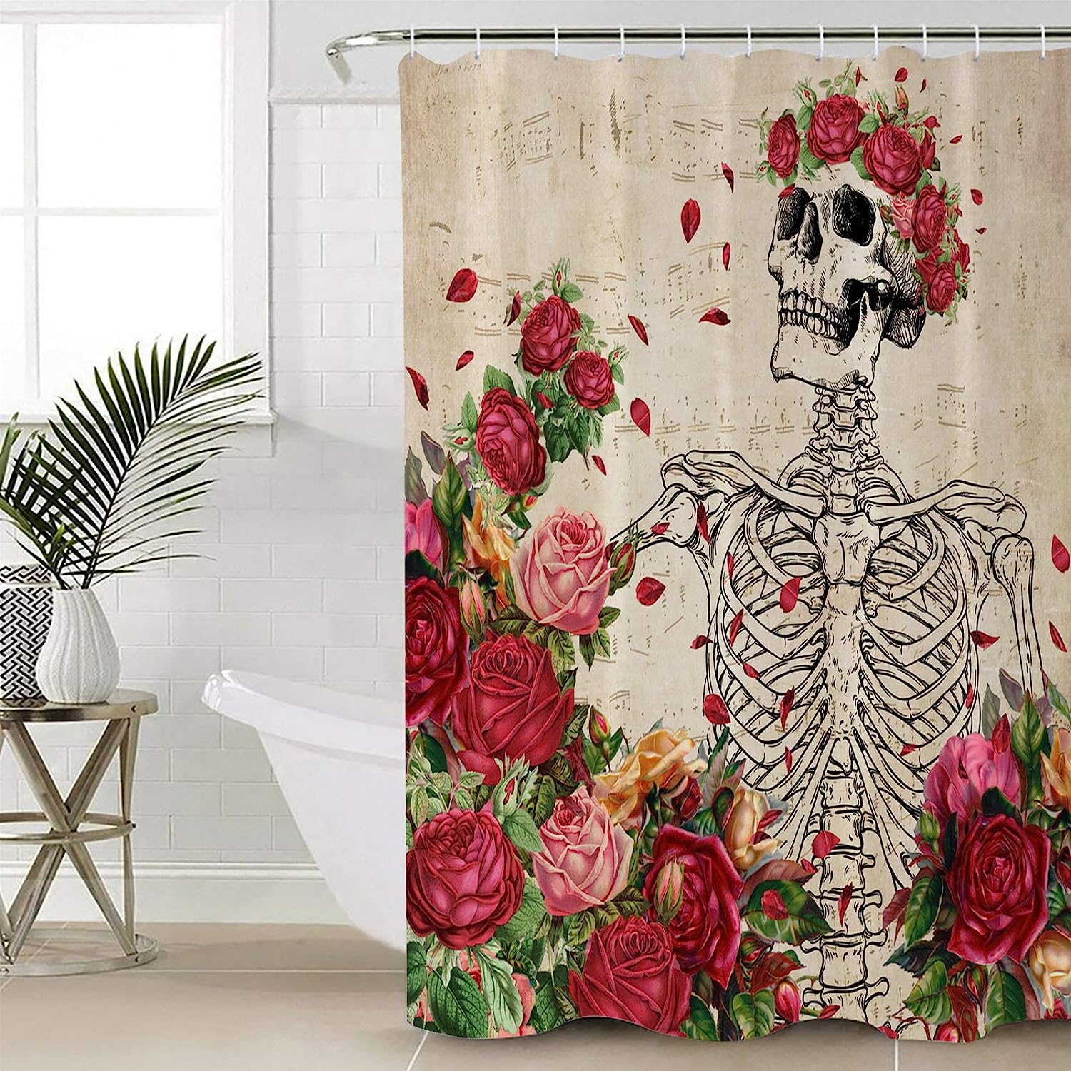 Vintage Rose Skull Hand-Painted Sheet Music Waterproof Shower Curtain - Image 2
