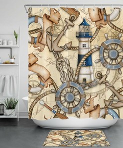 Vintage Rudder Anchor Shower Curtain with Nautical Theme - Retro Bathroom Accessories Set