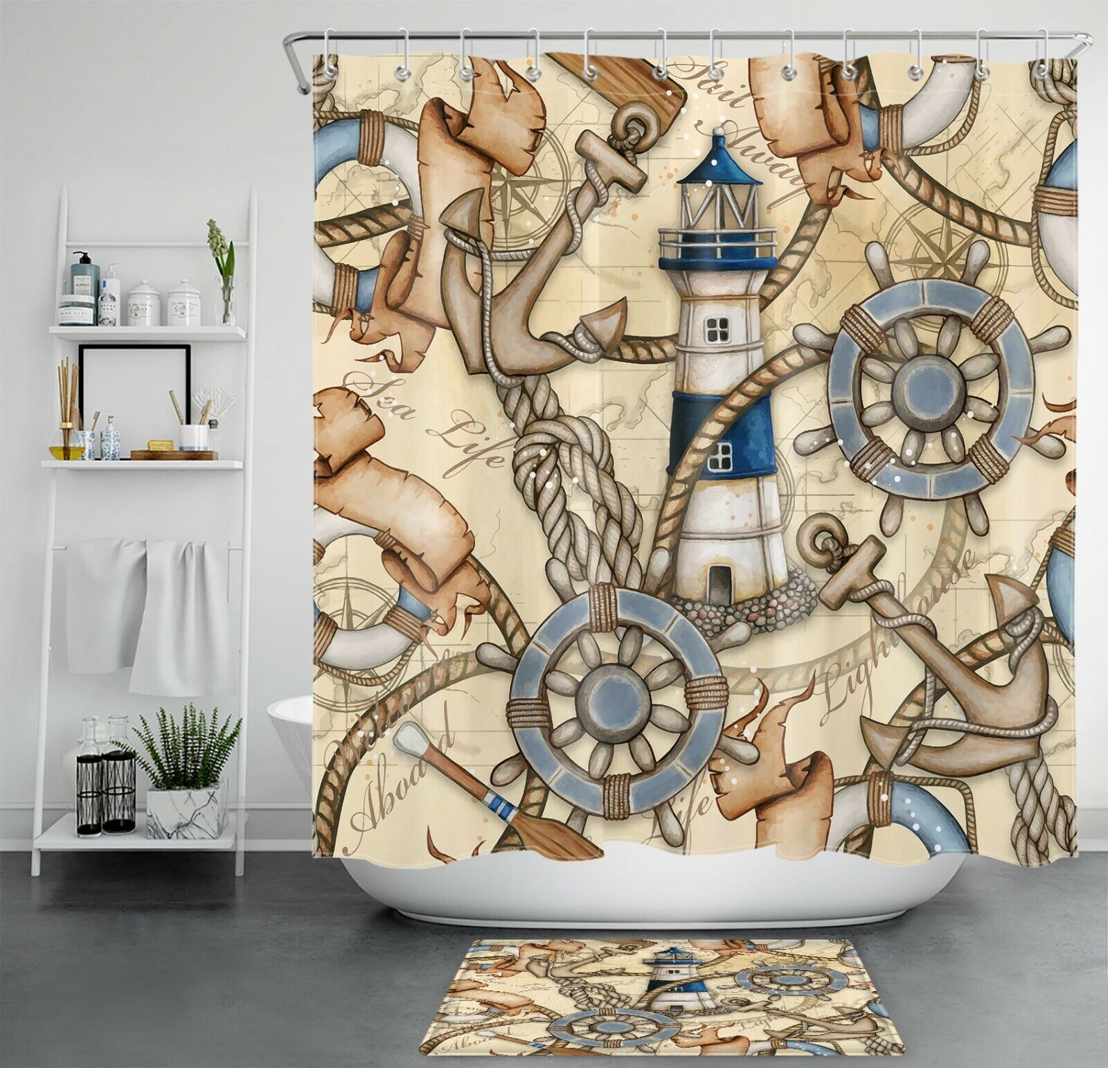 Vintage Rudder Anchor Shower Curtain with Nautical Theme - Retro Bathroom Accessories Set