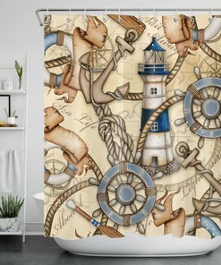 Vintage Rudder Anchor Shower Curtain with Nautical Theme - Retro Bathroom Accessories Set