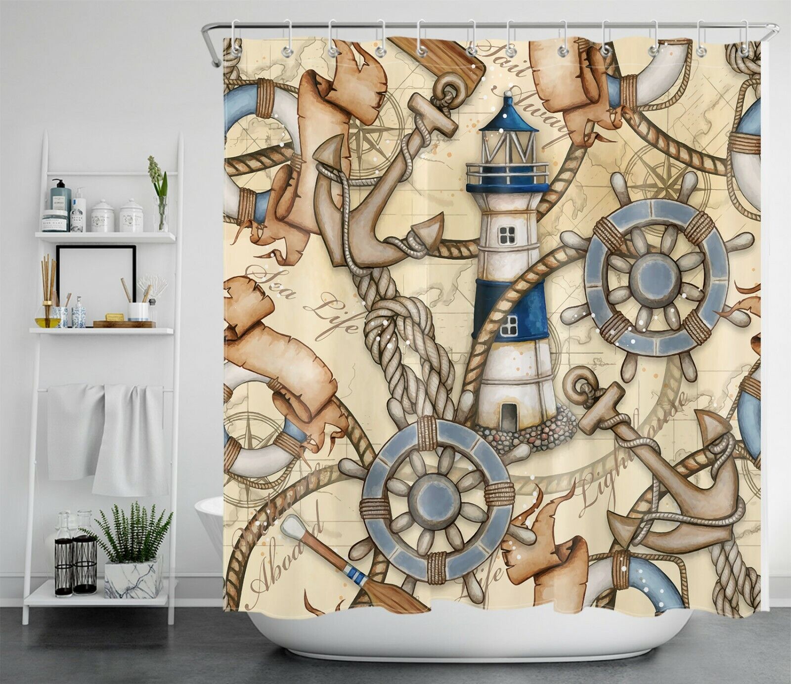 Vintage Rudder Anchor Shower Curtain with Nautical Theme - Retro Bathroom Accessories Set