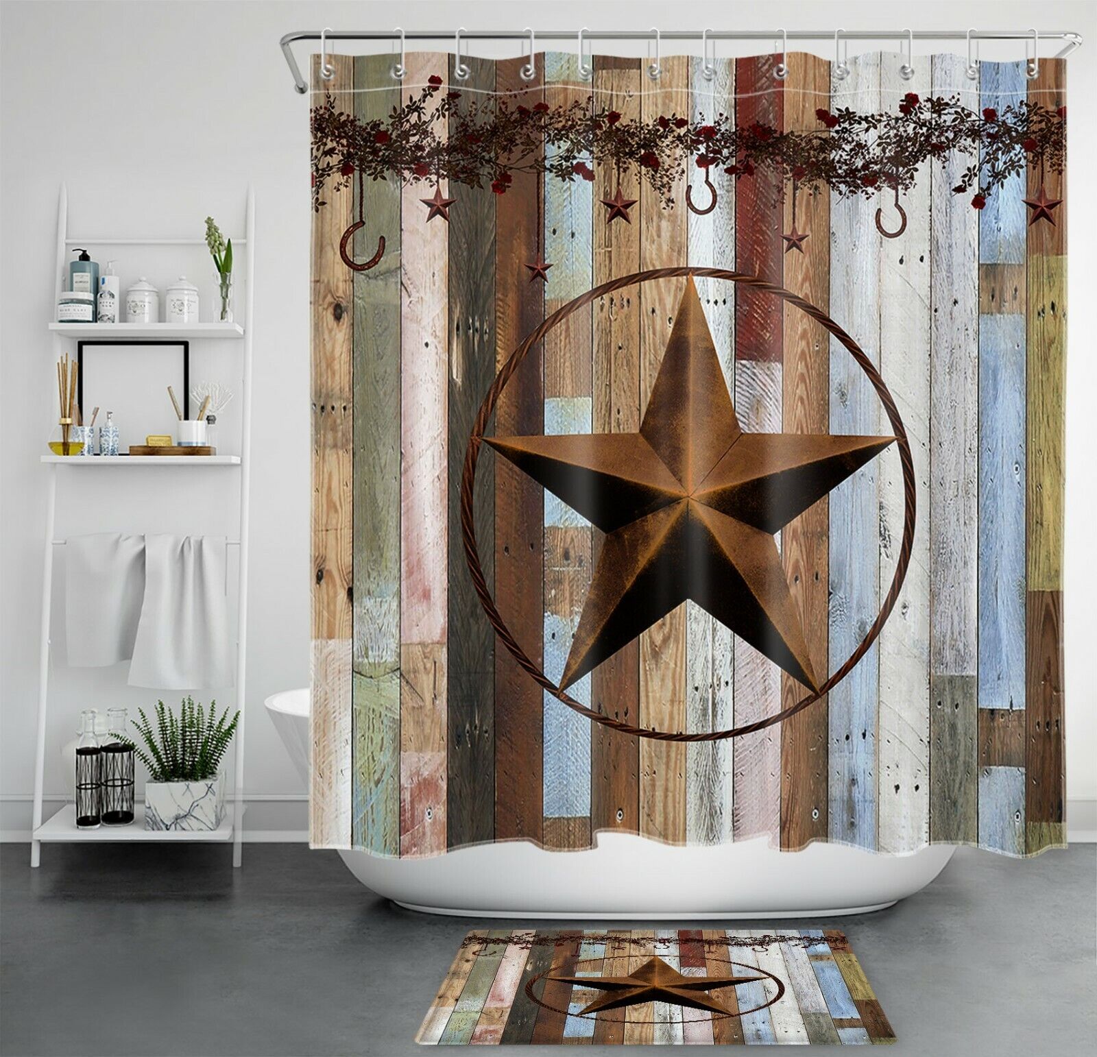 Vintage Rustic Barn Wood Shower Curtain with Texas Star Print