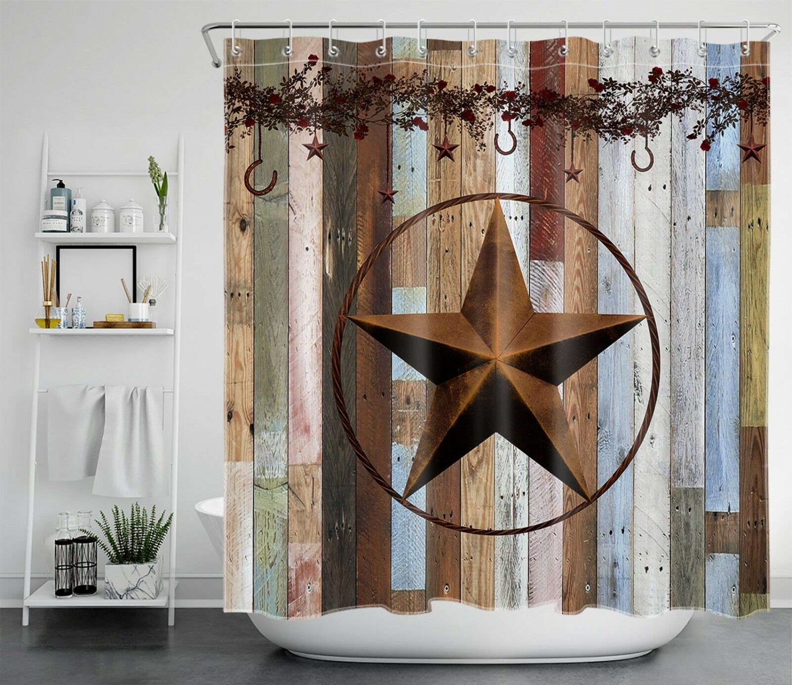 Vintage Rustic Barn Wood Shower Curtain with Texas Star Print