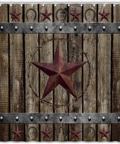 Vintage Rustic Shower Curtain - Brown Stars and Barn Door Prints with Primitive Country and Farmhouse Flair