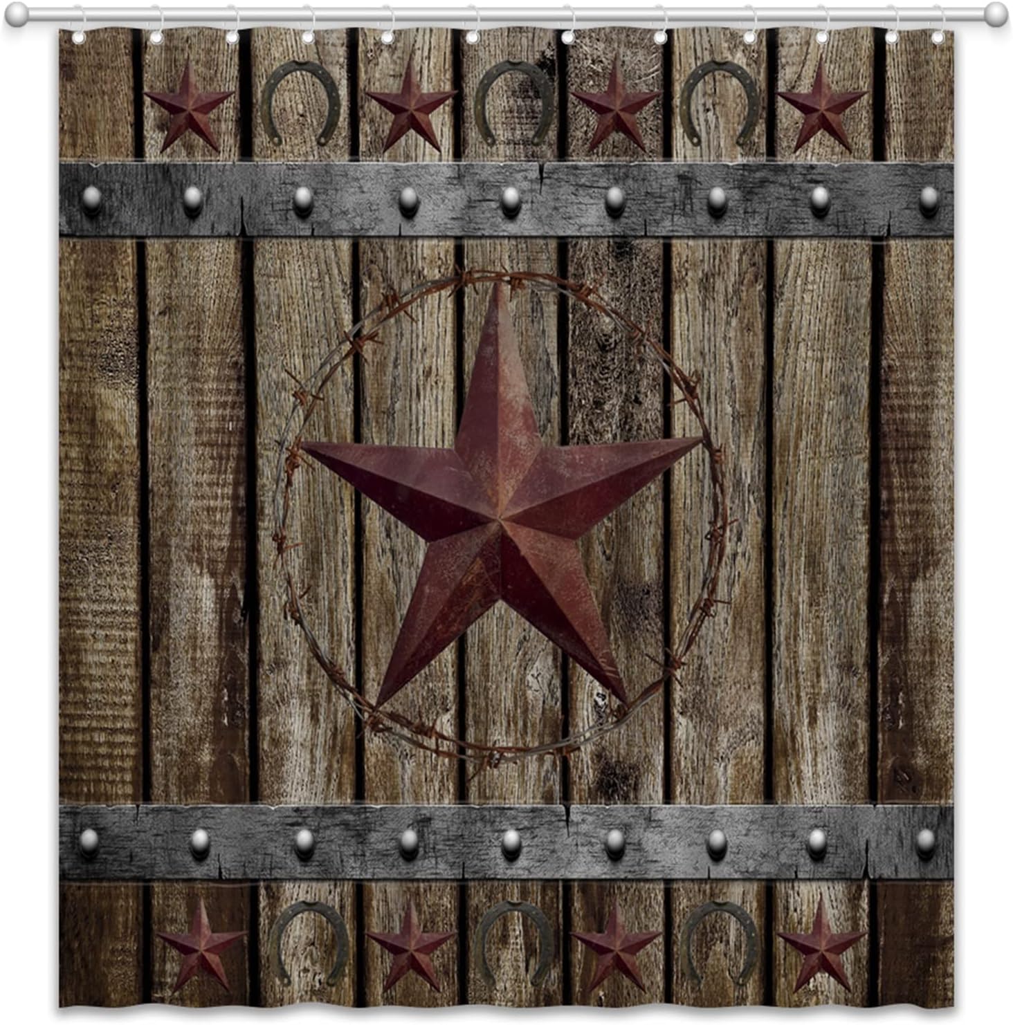 Vintage Rustic Shower Curtain - Brown Stars and Barn Door Prints with Primitive Country and Farmhouse Flair