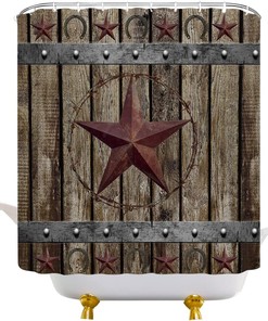 Vintage Rustic Shower Curtain - Brown Stars and Barn Door Prints with Primitive Country and Farmhouse Flair