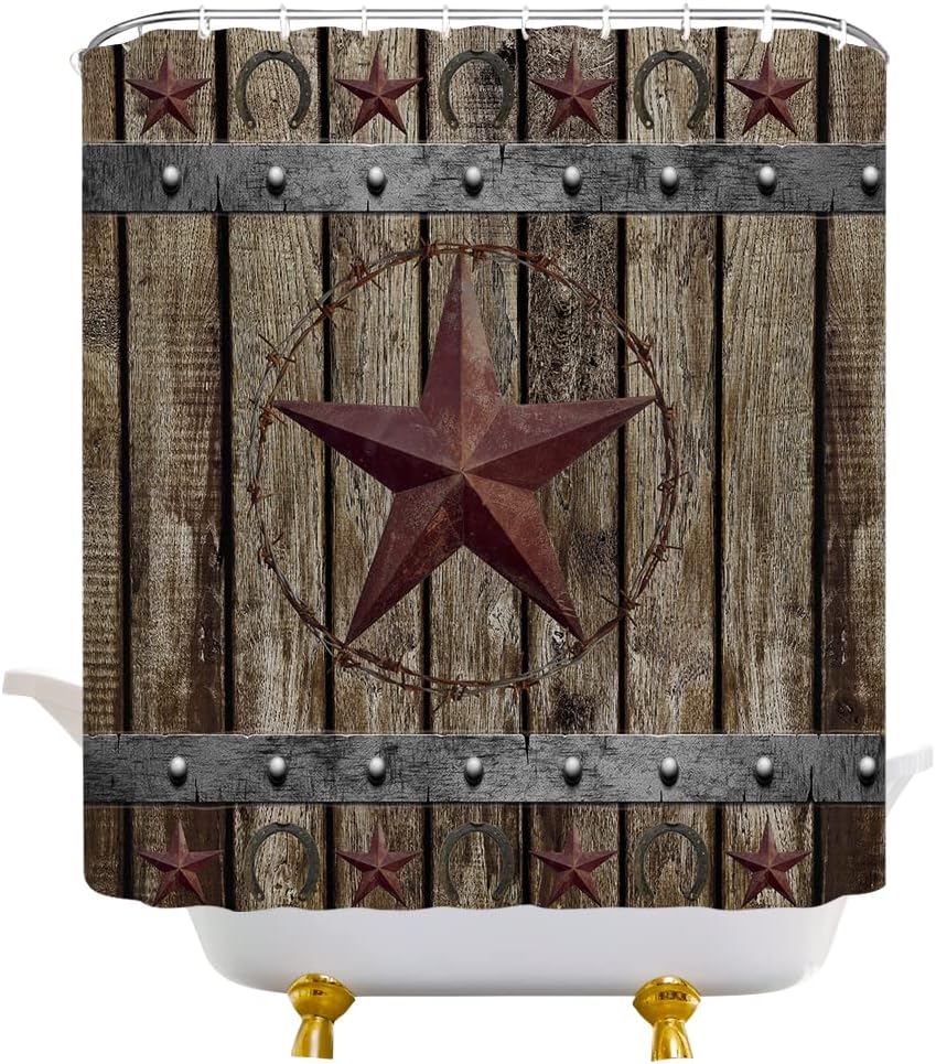 Vintage Rustic Shower Curtain - Brown Stars and Barn Door Prints with Primitive Country and Farmhouse Flair