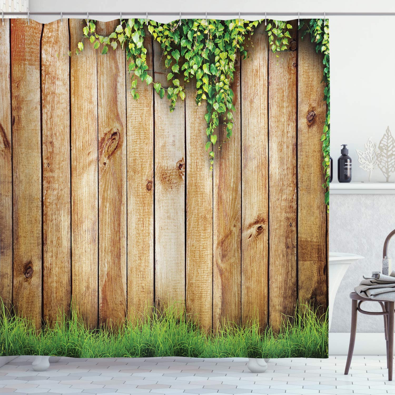 Vintage Rustic Shower Curtain, Fresh Spring Season Garden Field With Grass And Leaf Plant Photo