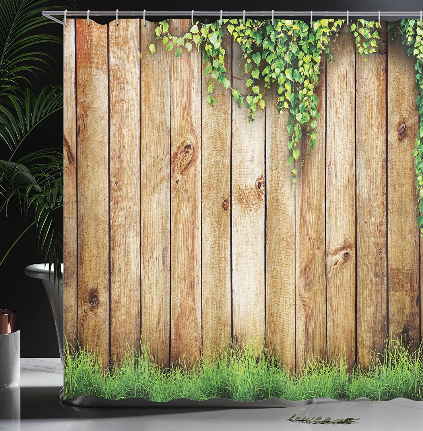 Vintage Rustic Shower Curtain, Fresh Spring Season Garden Field With Grass And Leaf Plant Photo - Image 3