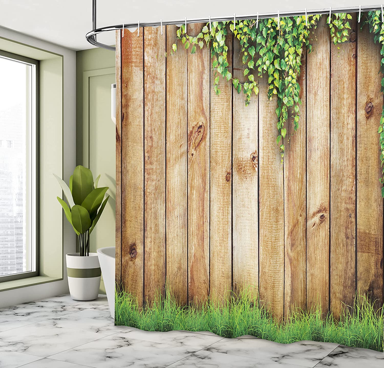 Vintage Rustic Shower Curtain, Fresh Spring Season Garden Field With Grass And Leaf Plant Photo - Image 4