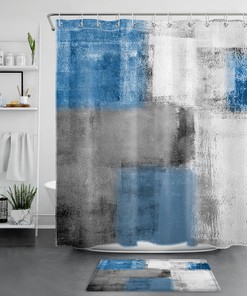 Vintage Rustic Shower Curtain with Geometric Pattern in Blue for a Nostalgic Bathroom