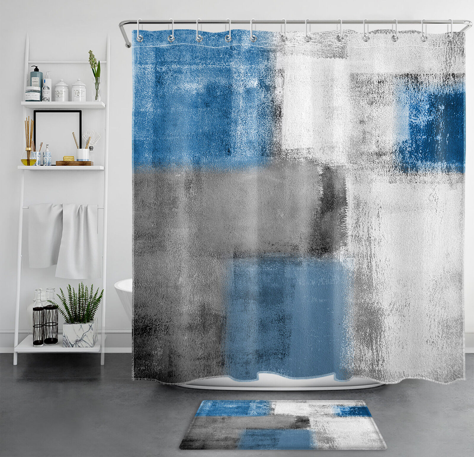 Vintage Rustic Shower Curtain with Geometric Pattern in Blue for a Nostalgic Bathroom