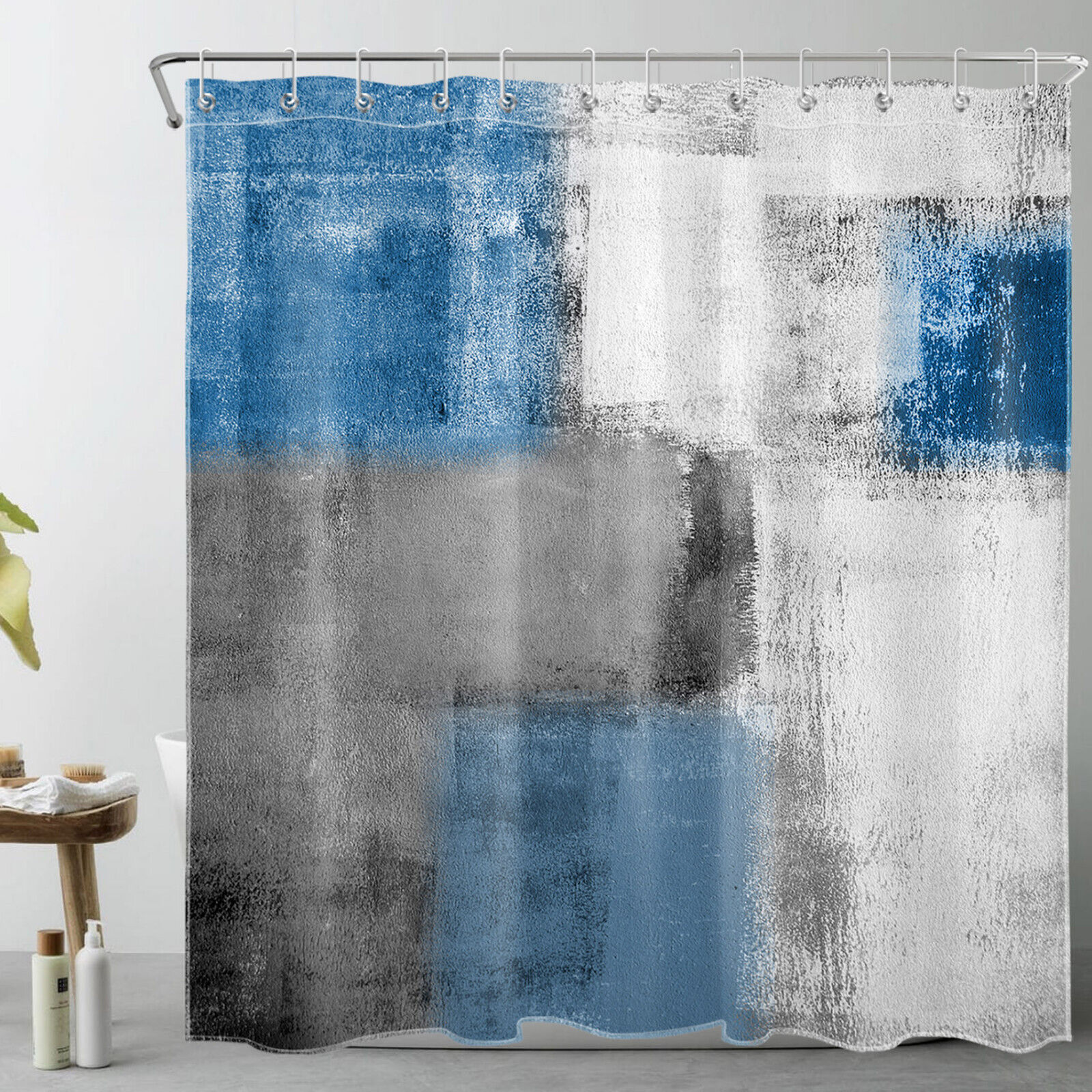 Vintage Rustic Shower Curtain with Geometric Pattern in Blue for a Nostalgic Bathroom
